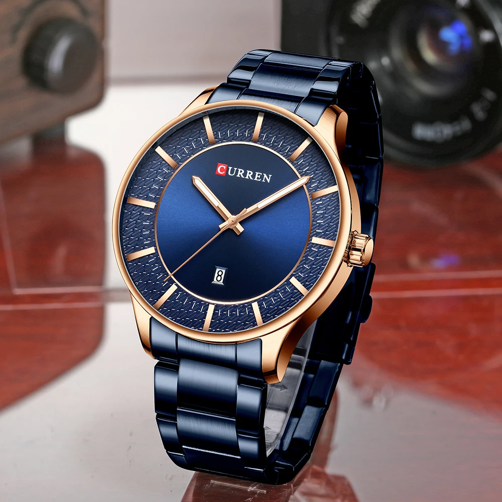 

Stainless Steel Band Blue Quartz Men's Watch Rose Gold Case Watches Date Display Water Resistance Army Clock 2019 Relogio CURREN