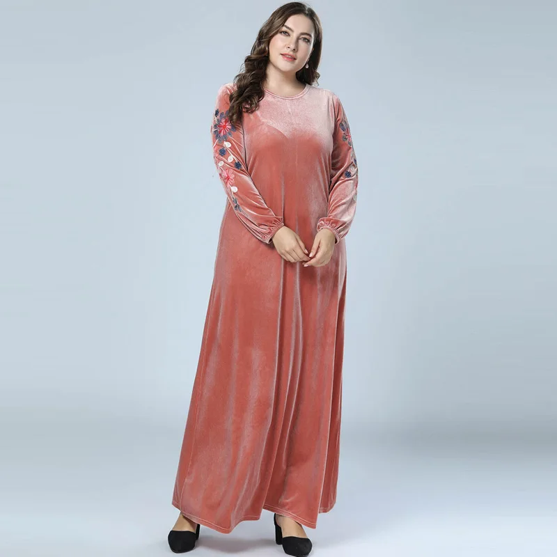 Розовое женское повседневное длинное платье большого размера с вышивкой и рукавами для осени и зимы, элегантное бархатное платье полной длины M-4XL
