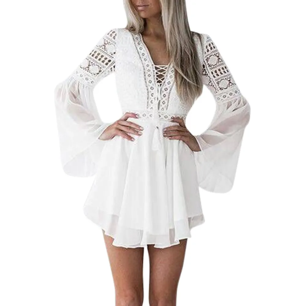 

Hollow Out Chiffon Dress Sexy Women Mini Dress Criss Cross Bandage Lace Semi-sheer Plunge V-Neck Long Sleeve Dress Black/White