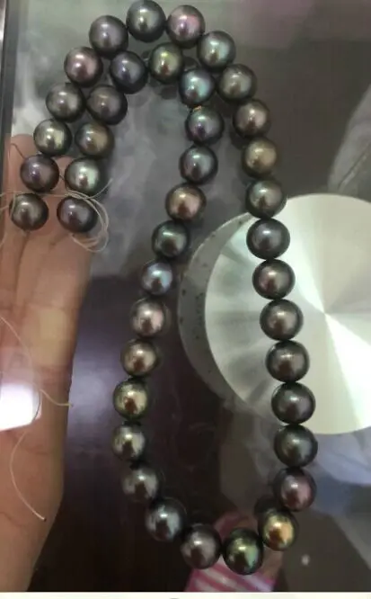 

stunning12-13mm round tahitian black green multicolor pearl necklace 19inch 14KGP