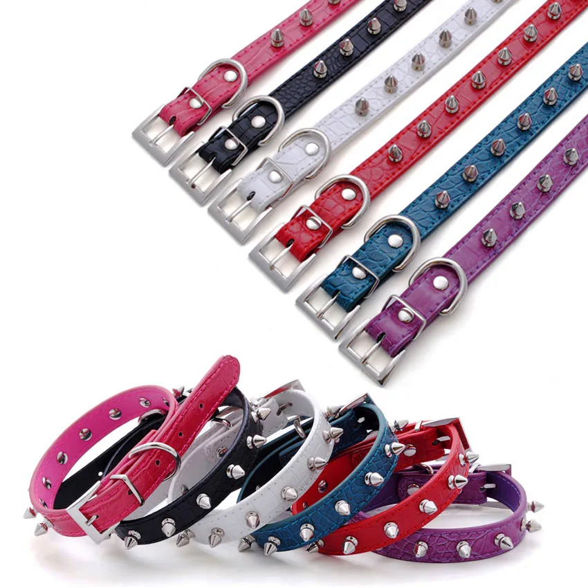 Red Strong adjustable PU Leather Puppy Dog Collar nail Studded spiked