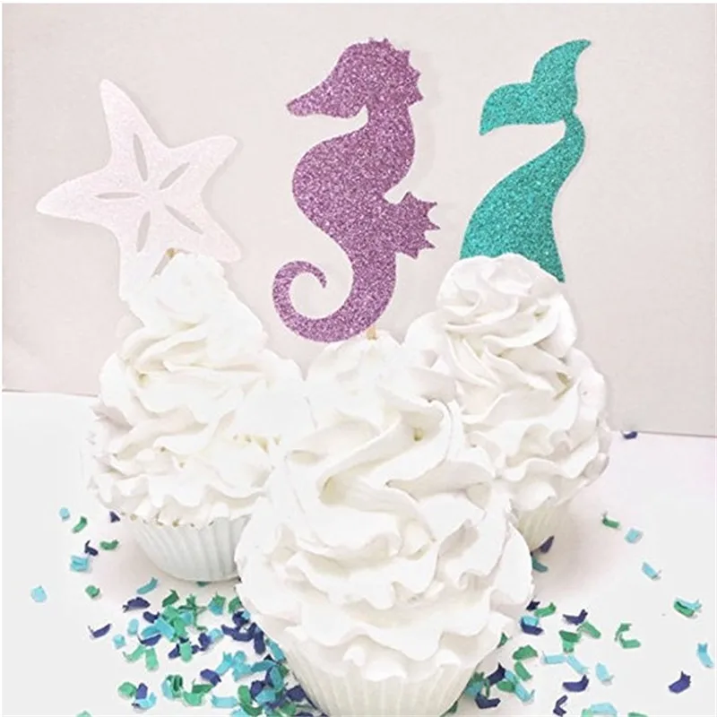 12pcs Starfish Seahorse Glitter Mermaid Birthday Cake Card