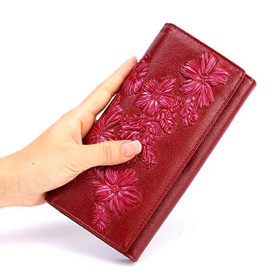 Женский кошелек в китайском стиле из натуральной кожи с цветочным принтом, женский длинный клатч, Дамский кошелек, портмоне с Rfid, сумочка для денег, портмоне, декорированное цветами - Цвет: red