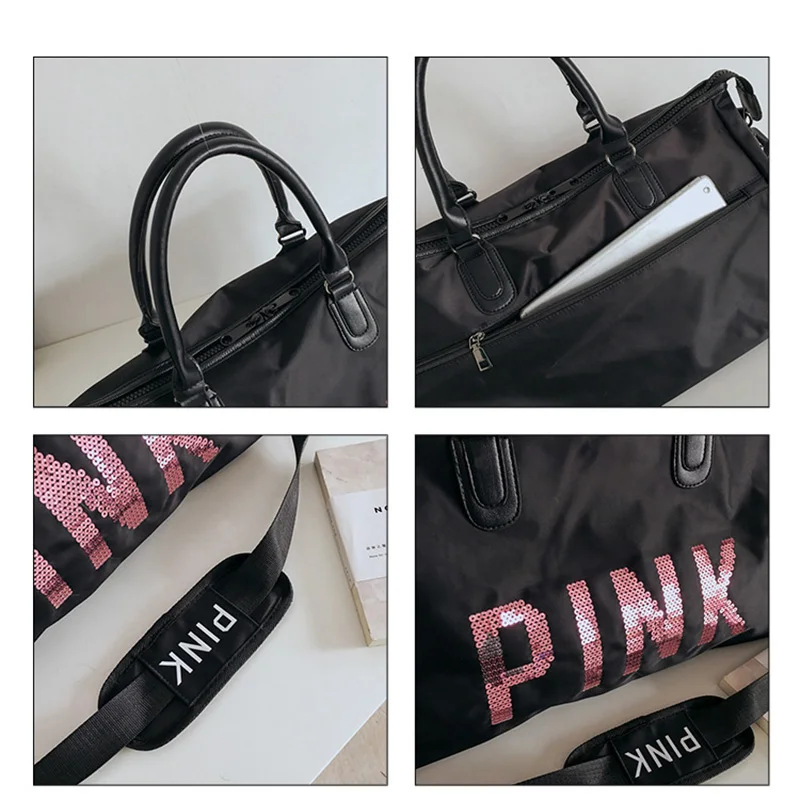Большая вместительная женская сумка для путешествий с верхней ручкой и буквенным принтом, модная брендовая розовая Женская Сумка-тоут с блестками, сумка