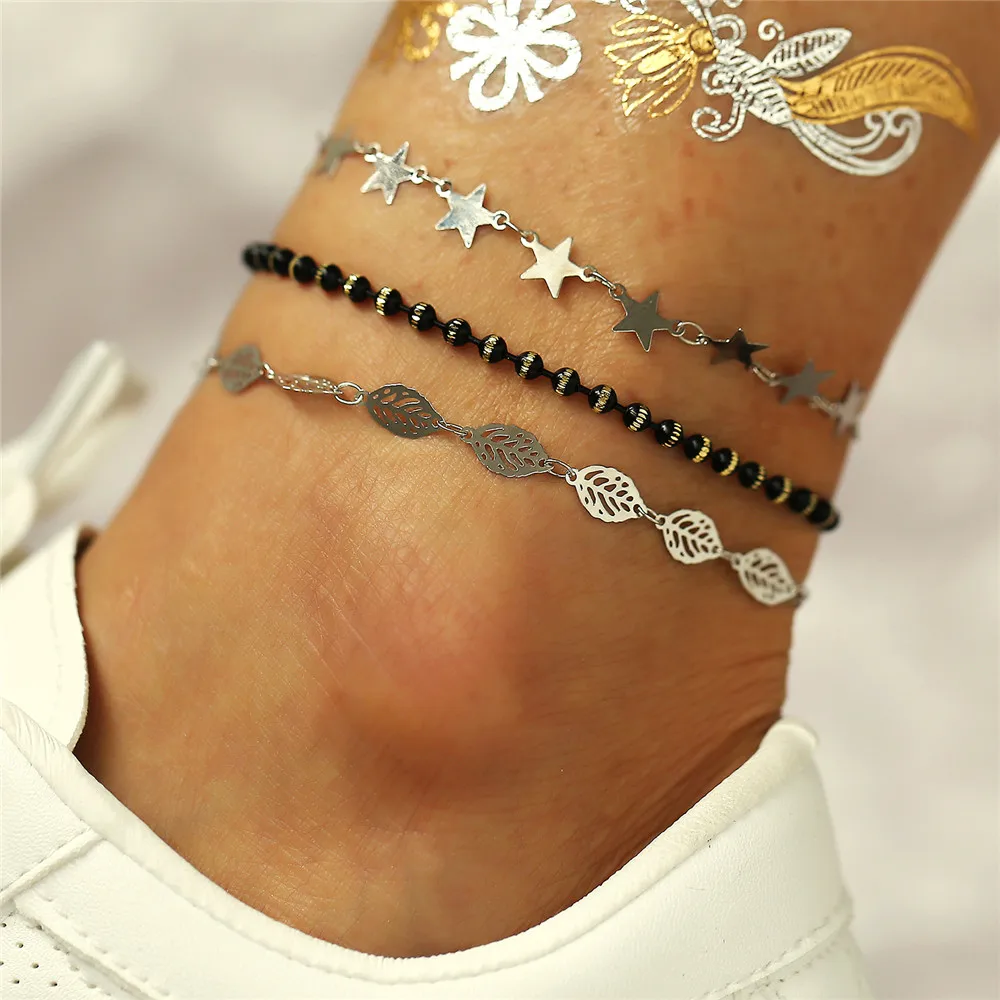 

2019 Bohemian Star Leaves Black Beads Anklets For Women Ankle Bracelet on Leg Chain Silver Metal Beach Foot Jewelry Wholesales