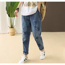 Женские джинсы для кошек джинсовые брюки с вышивкой Ретро Винтажные повседневные модные длинные большие свободные потертые для осени AZ26183317