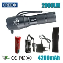 5 Mode T6 LED Flashlight Zoomable 2000 L Focus Torch Tactical Lamp +18650 Rechargeable battery AC Car Charger and pouch holster