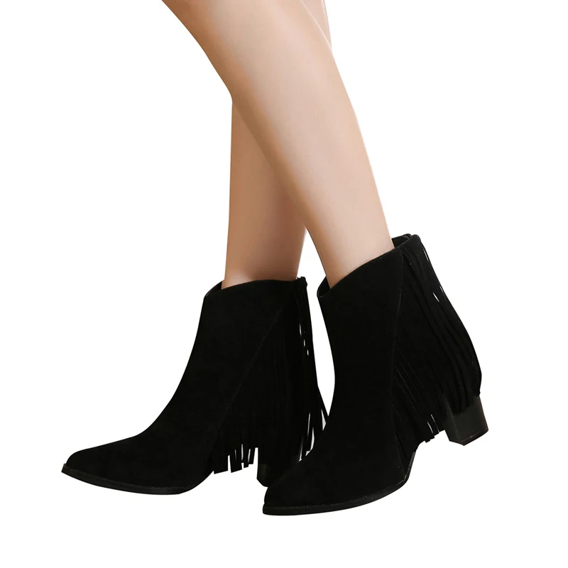 HEE GRAND/Новинка года; женские ботильоны с бахромой; однотонные ботинки на высоком каблуке с искусственным мехом; женские модные ботинки-гладиаторы с бахромой; женская обувь; XWX6177 - Цвет: black