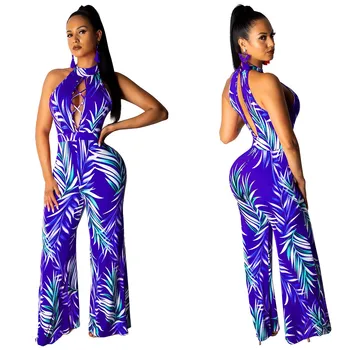 

2019 Sexy Halter Hollow Out Floral Print Wide Leg Jumpsuit Women Backless Summer Rompers Off Shoulder Casual Overalls