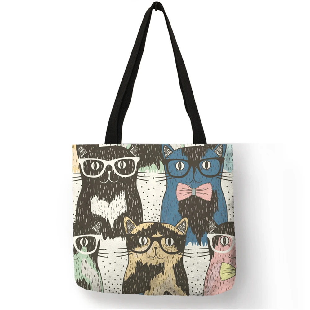 Cute Kitty Cat Print Tote Bag For Women Customized Linen Handbag
