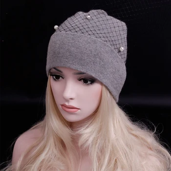 

New products Thick cashmere knitted hat Elegant women Gauze covered face sexy hat Fashion Lady Skullies Beanies wool gorros