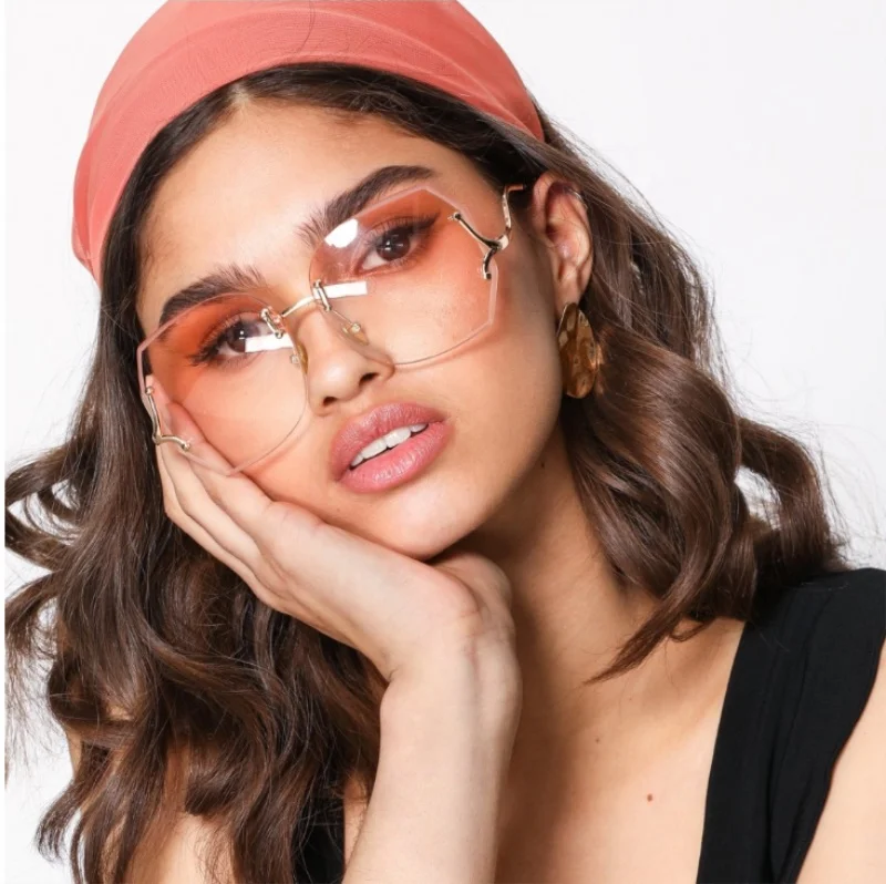 Без оправы градиентный солнцезащитные очки для женщин роскошные большие квадратные Розовые Оттенки для женщин металлическая оправа модные брендовые прозрачные очки