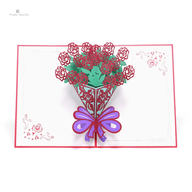  PAPER SPIRITZ Rose Flower Bouquet 3D Laser Kraft Paper Pop Up Card With Envelope Invitations Greeti - 32895798346