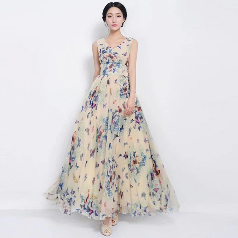 

Bohemian Style Plus Size Chiffon Print Long Women Dress 2017 New Korean Summer Holiday Beach Casual Big Swing Vest Dress YP0117