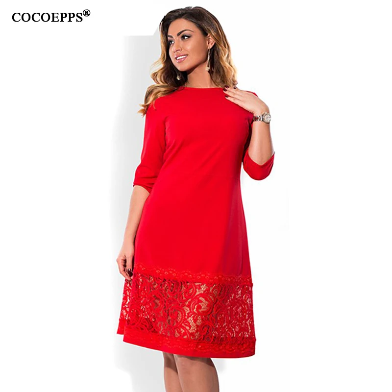 

COCOEPPS New 6XL Large Size Lace Floral Autumn Dress Women A-Line Red Plus Size Dress Casual Female Three Quarter Dress Vestidos