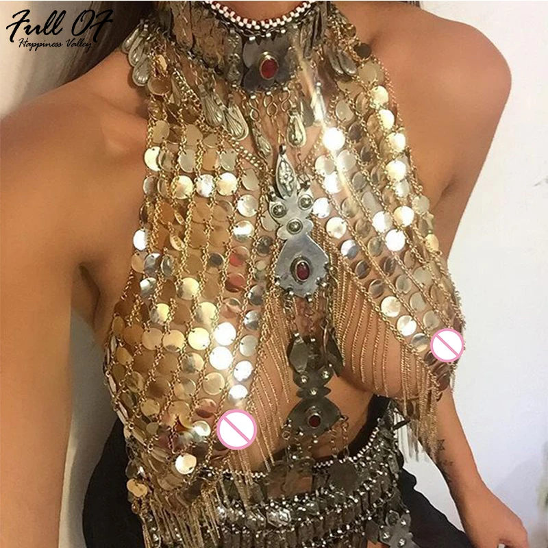 

Sexy Women Metal Chain Exotic Crop Tops Sparkling Sequins Gold Silver tassel Coins Top NightClub Wear Party Burning Outfits Drop