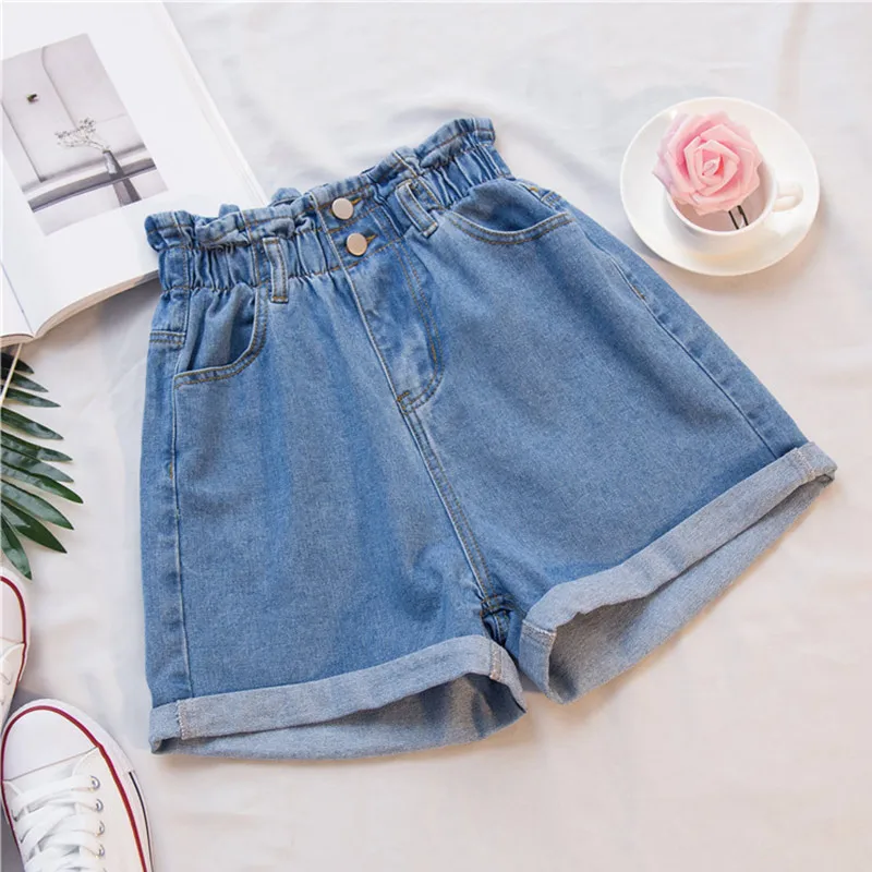 

Denim Elastic High Waist Wide Leg Women Short Loose Jeans Ruffled Button Female Shorts 2019 Summer Lady Short Clothes Plus Size