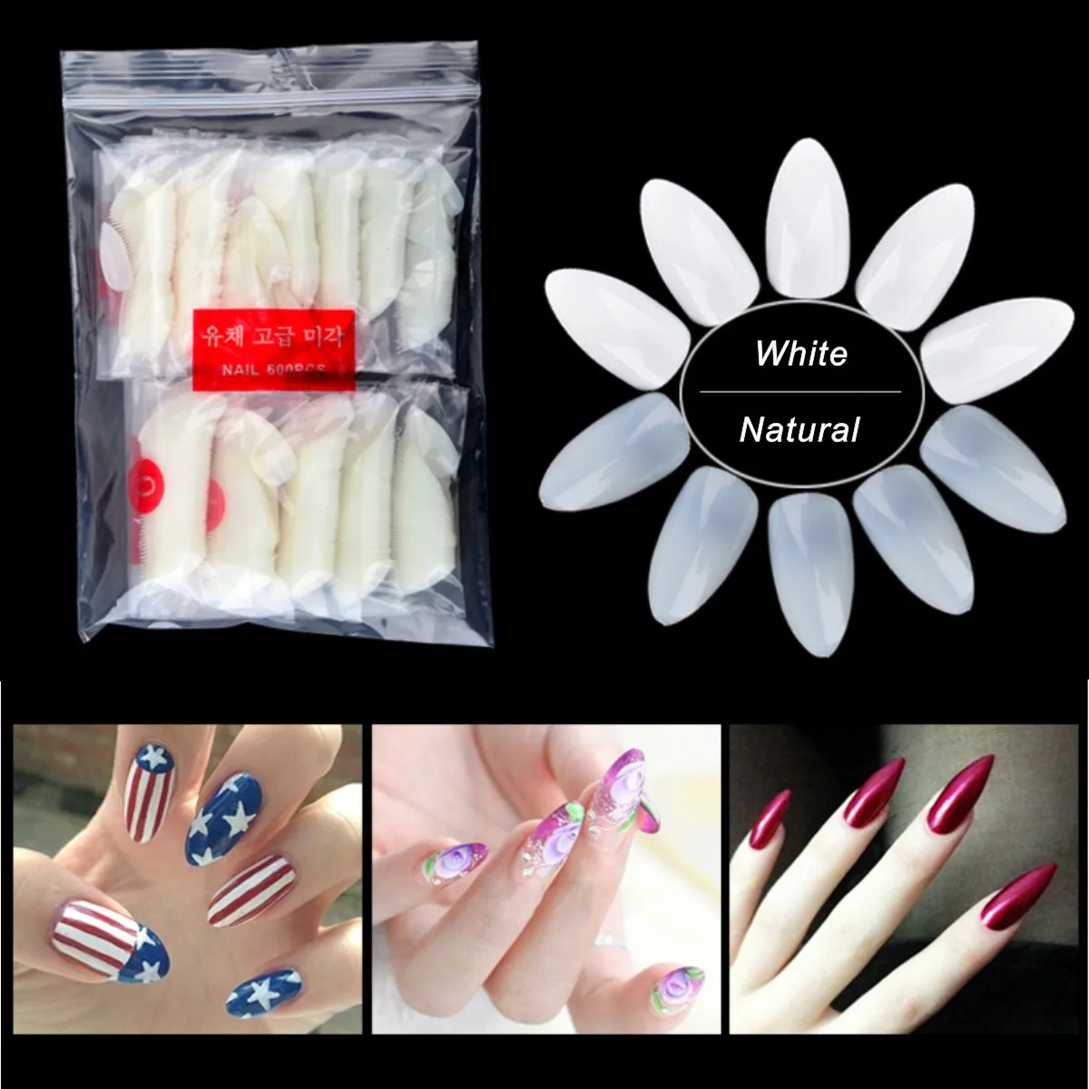 

500Pcs Natural White Nail Tips French Salon Acrylic Almond Nail Art False Nail Tips ABS Acrylic Gel Claw Manicure Pointed Nails