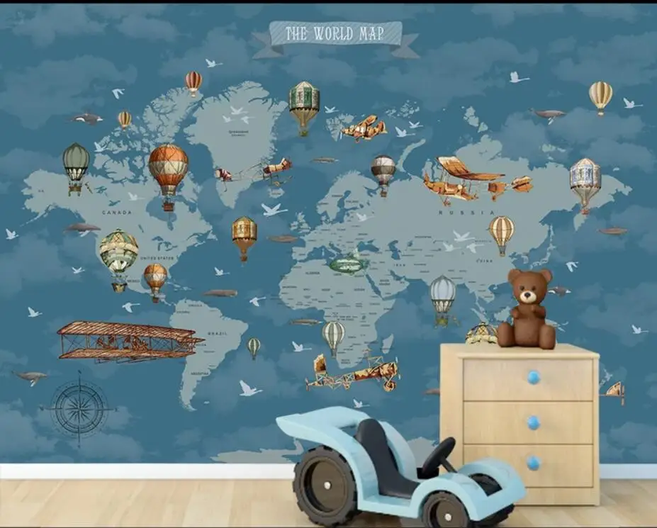 

Carton Air Hot Balloons Airplane Dark Blue Background World Map Wallpaper Papier Peint Mural 3d Wall Paper for Kids Bedroom