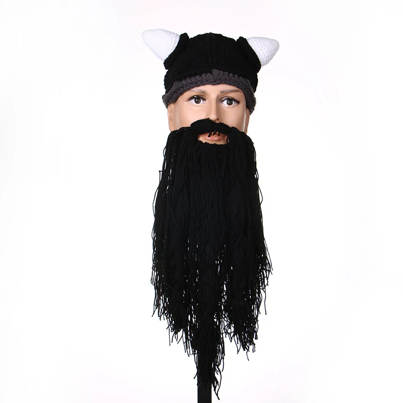 Bearded Horns Hand-knitted Hat Men Funny Gag Halloween Cap Winter Warm Handmade Barbarian Viking Beanie Beard Horn Caps CP0170  (4)