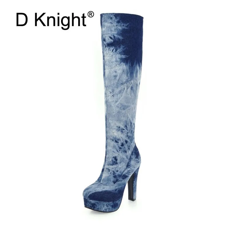 

D Knight Stretch Denim Women Knee-high Boots 2018 Autumn Winter Lady Platform High Heels Large Size 33-48 Warm Snow Boots Shoes
