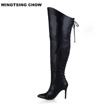 Большие размеры 43; ботфорты; кожаные женские сапоги с острым носком; черные пикантные мотоциклетные ботинки на высоком каблуке; женская обувь; сезон осень