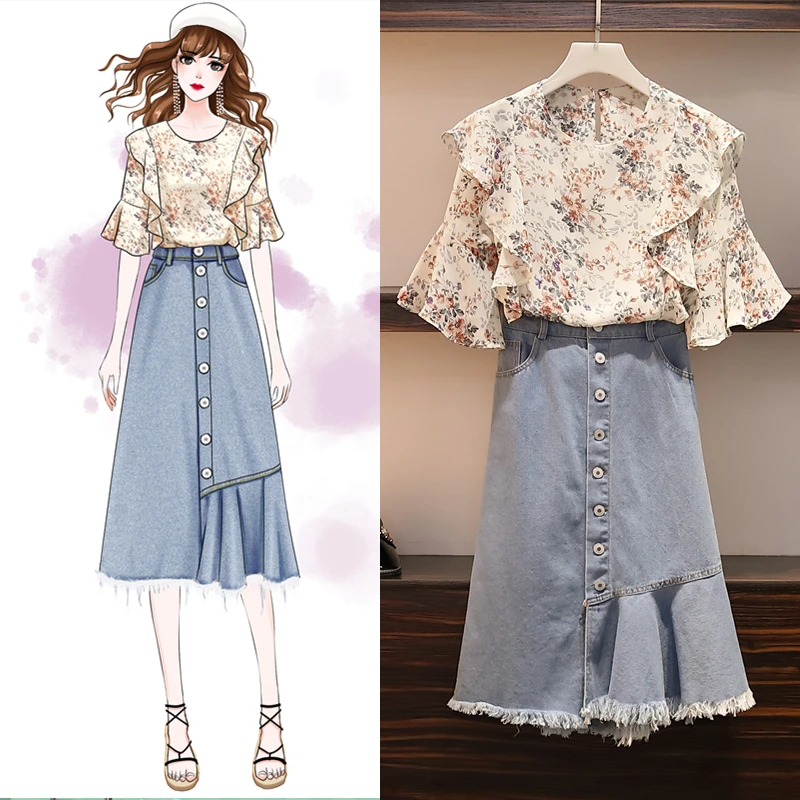 

summer 2 pcs clothing set women broken beautiful chiffon shirts floral print short sleeves jean skirts suits outfit vesitdos
