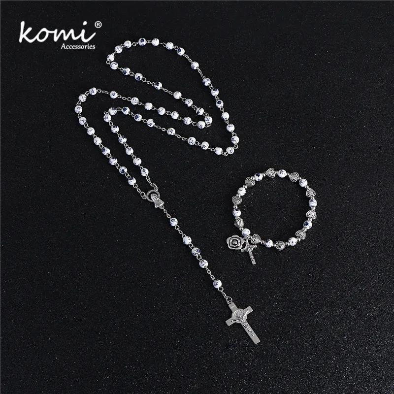 

KOMi New Charm 6mm White Rosary Beads Long Chain Diy Necklaces Bracelet Set Jesus Christ Cross Pendent Fashion Jewelry R-120