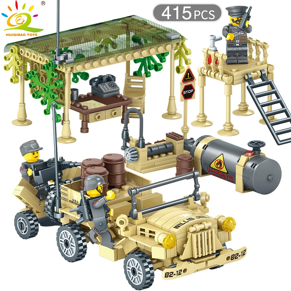 400+pcs WW2 Military Camp Trucks Jeeps car Building Blocks Compatible legoed Army Soldiers Weapon set Bricks Toys for Children