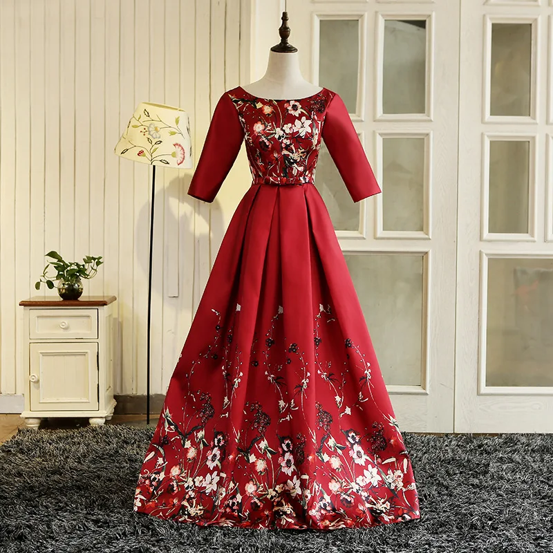 

Floral Print Evening Dress Three Quarter Sleeves Red Boat Neck Lace UP Long Special Occasion Dresses Abendkleider 2018