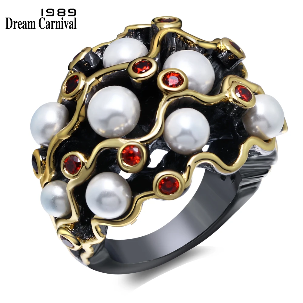 Comprar DreamCarnival 1989 Anillos De Compromiso gótico Vintage negro oro Color rojo CZ blanco perlas de imitación mujer Anel Masculino WA11539