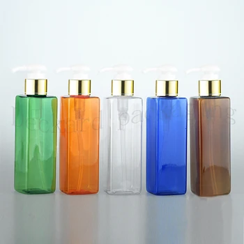 

30pcs 250ml brown square shape shampoo plastic bottles lotion gold pump cosmetic container plastic Shower Gel travel bottle