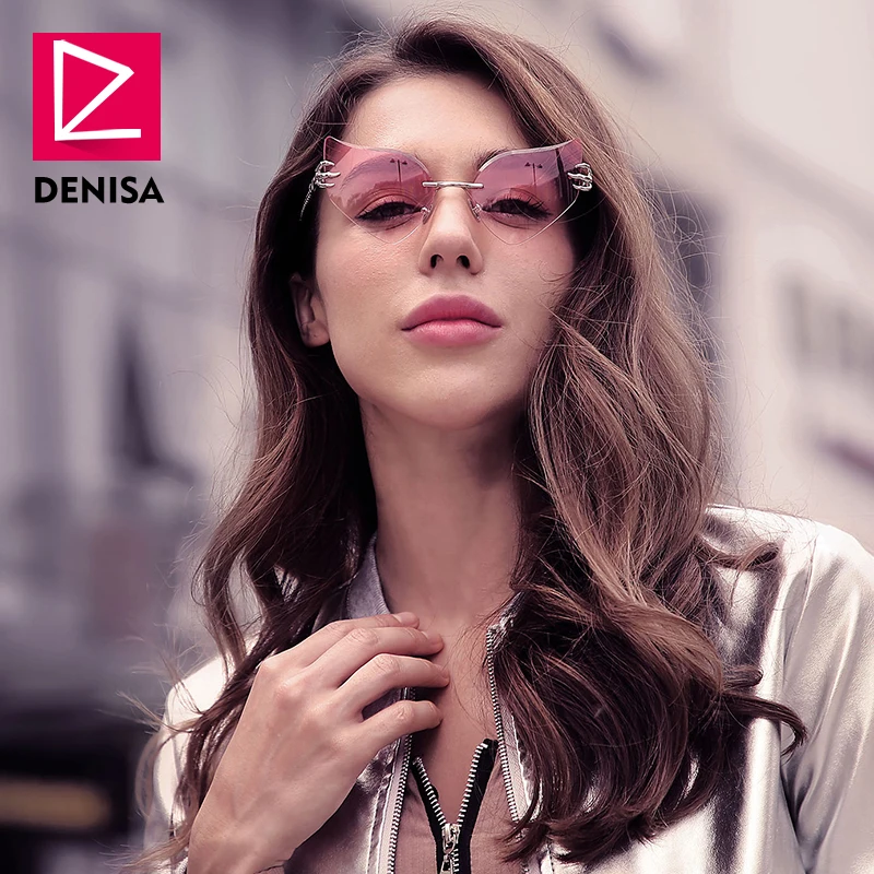 DENISA, розовые, без оправы, кошачий глаз, солнцезащитные очки для девушек, известный бренд, сова, глаз, стиль, солнцезащитные очки для женщин, UV400, lunette de soleil femme, G23038