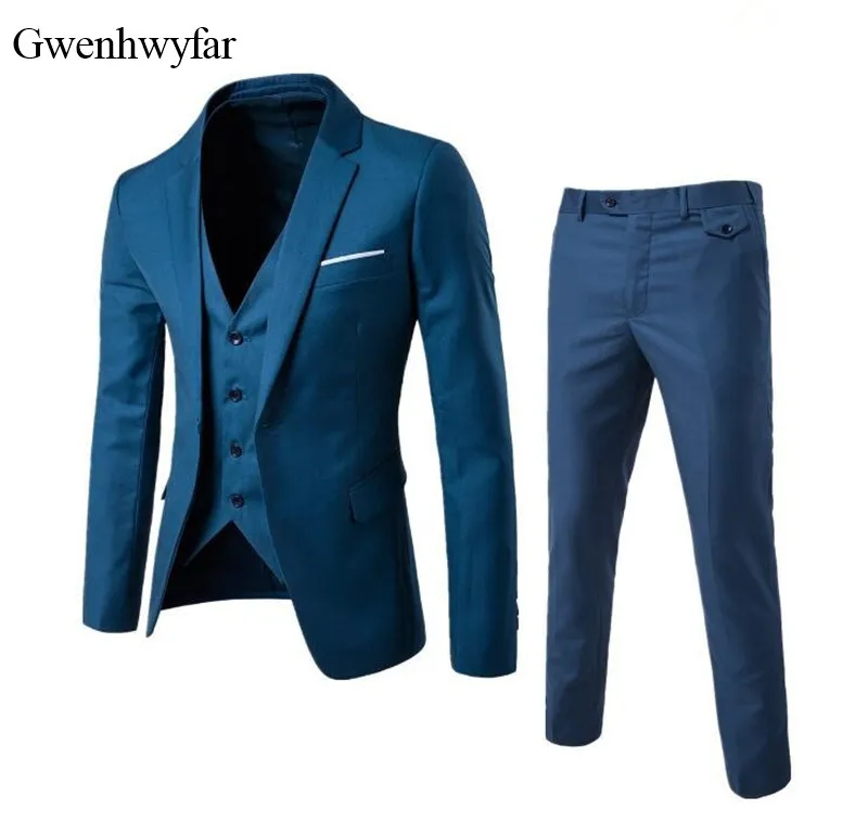 Gwenhwyfar 2018 Elegant Blue Young Men Suits Slim Fit Wedding Groom Tuxedos Good Quality Formal