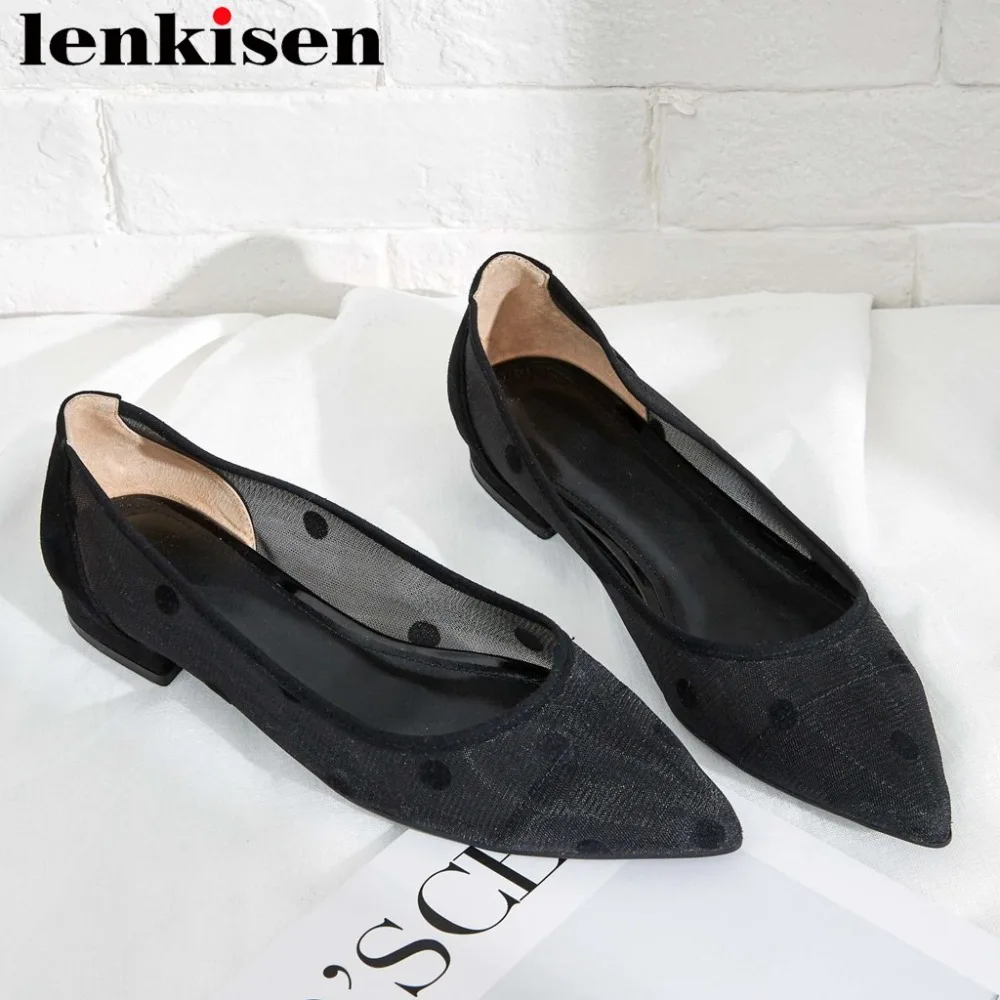 

2019 art polka dot breathable mesh genuine leather casual driving shoes slip on pointed toe concise princess style flats L07