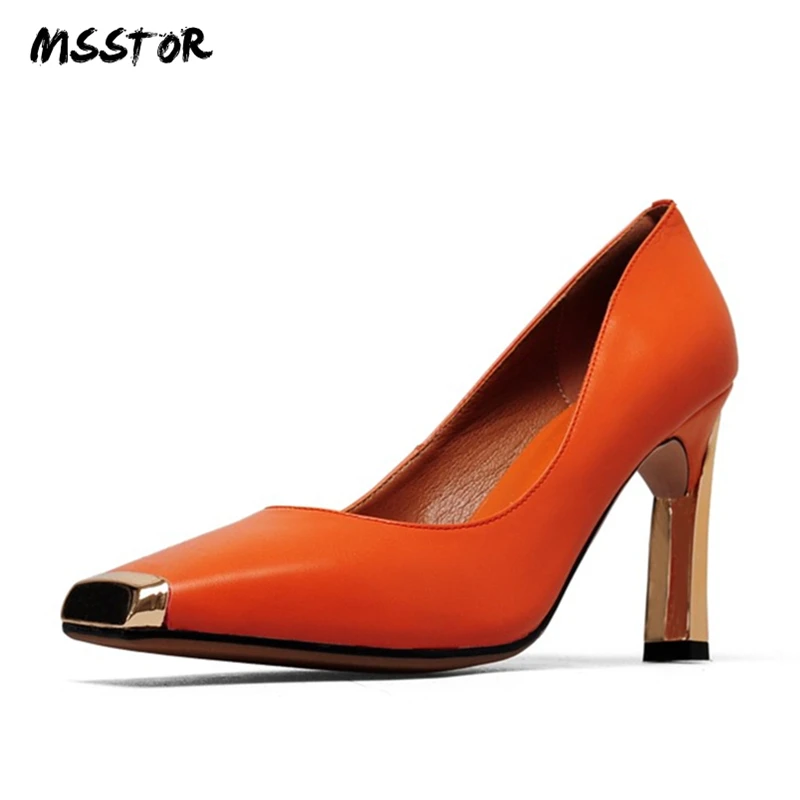 

MSSTOR Genuine Leather High Heel Pumps Party Autumn Spring Slip-On Fashion Sexy Rubber Designer Heels Square Toe Ladies Shoes