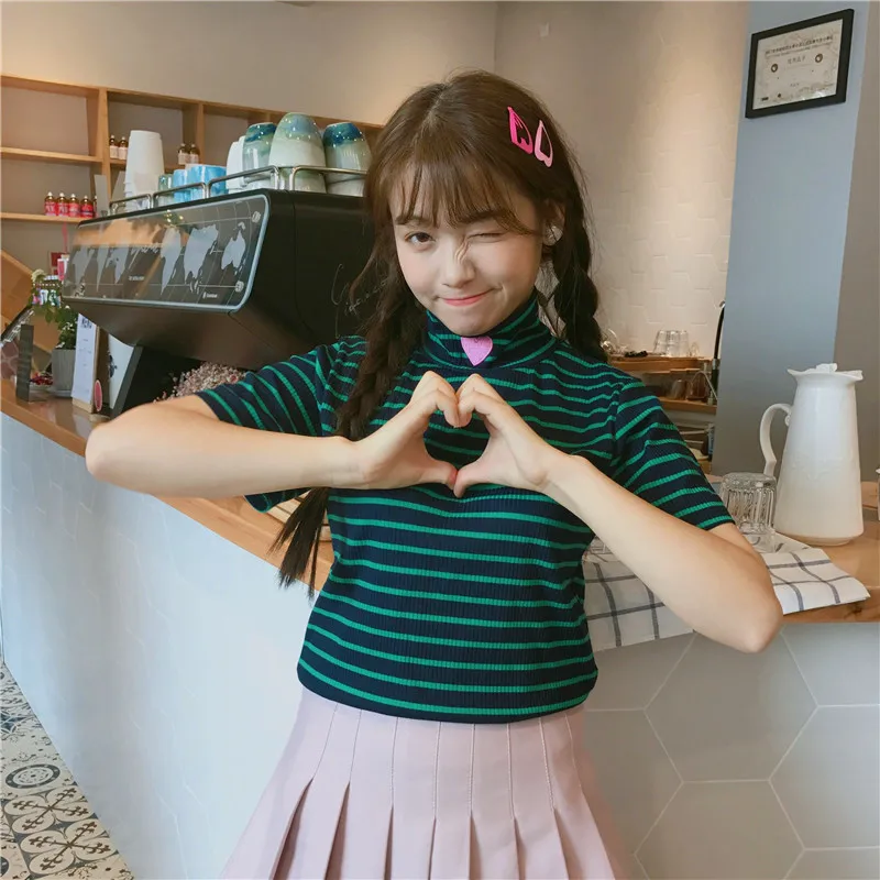 Женская футболка в Корейском стиле Harajuku Ulzzang тонкая полоску с вышивкой Love