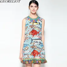 

Runway Summer Dress 2018 New Fashion Brand Women Sleeveless O-Neck Fish Print Beading Vintage Dress Party Vestidos De Festa