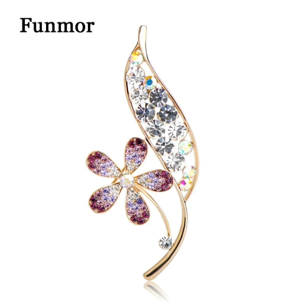 

Funmor Splendid Flower With Leaf Shape Brooches For Women Girl Purple Crystal Corsage Banquet Shirt Dress Accessories Lapel Pins