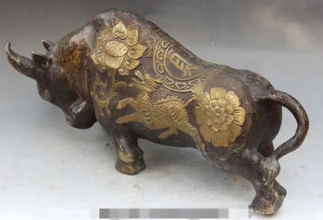 

S00115 Folk China Bronze Gilt Fengshui Folk Zodiac Year Bull Oxen Dragon Unicorn Statue B0403
