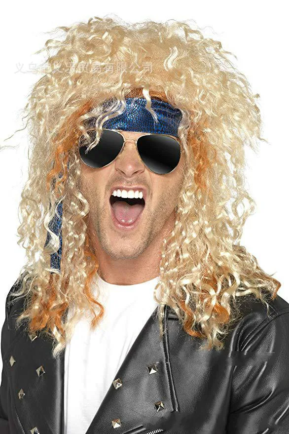 70s 80s Halloween Party Costumes Rocking Men Curly Synthetic Hair Punk Metal Rocker Disco Mullet Cosplay Hair - Цвет: Многоцветный