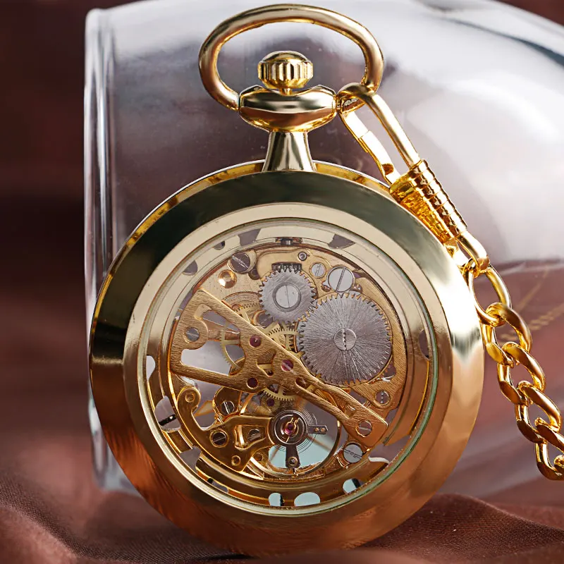 Полный Золото Скелет карманные часы ретро Винтаж стимпанк модный цепь Механическая ручным подзаводом открытым лицом Модные женские