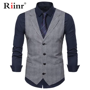 

Top Seller Man Suit Vest Fashion Slim Fit Thin Grid Plaid Men Waistcoat Tops Slim Business Jacket Tops homme 2019 Spring Autumn