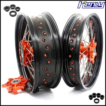 

3.5/4.25 CUSH Drive Supermoto Wheels Rims Set For KTM 690 ENDURO R 2008-2017 SMC 2007-2011 Orange Nipple