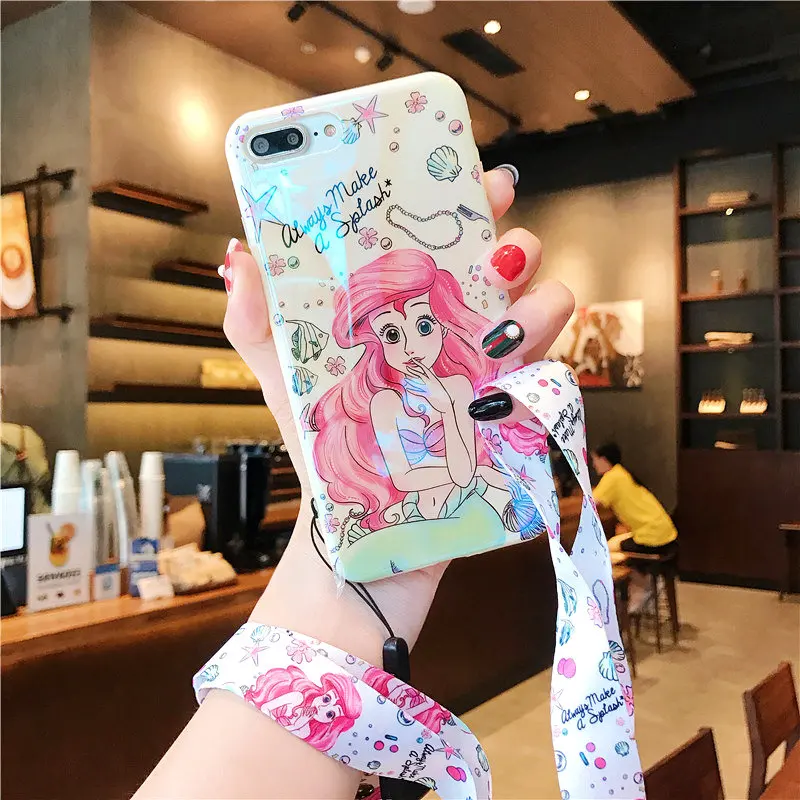 

For iPhone 7 7plus princess Ariel / jasmine phone Cases For iphone X 6 6s 6plus 8 8Plus Blue ray soft back cover + strap
