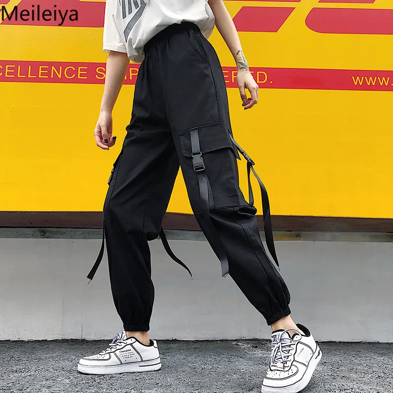 Черные брюки карго с высокой талией хлопковые женские Лоскутные свободные уличные брюки карандаш модные женские брюки в стиле хип-хоп