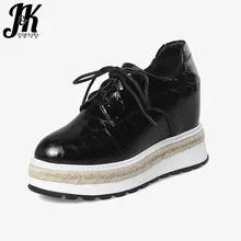 JK Модные женские повседневные туфли на плоской подошве обувь на танкетке со шнуровкой; круглый носок печати обувь весна плетеная, из соломы на плоской платформе, Дамская обувь; обувь, увеличивающая рост