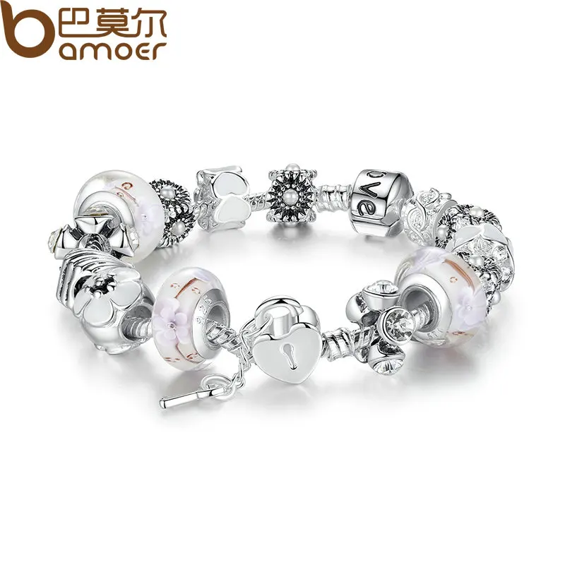 

BAMOER Elegant Silver Color Fashion Light Purple Bead Bracelets with Snake Clasp DIY Bracelet Accessories PA1876