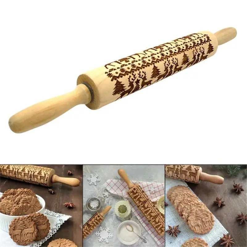 

1pc Wood Embossing Rolling Pin Baking Cookies Biscuit Fondant Cake Dough Engraved Roller Reindeer Embossing Mold
