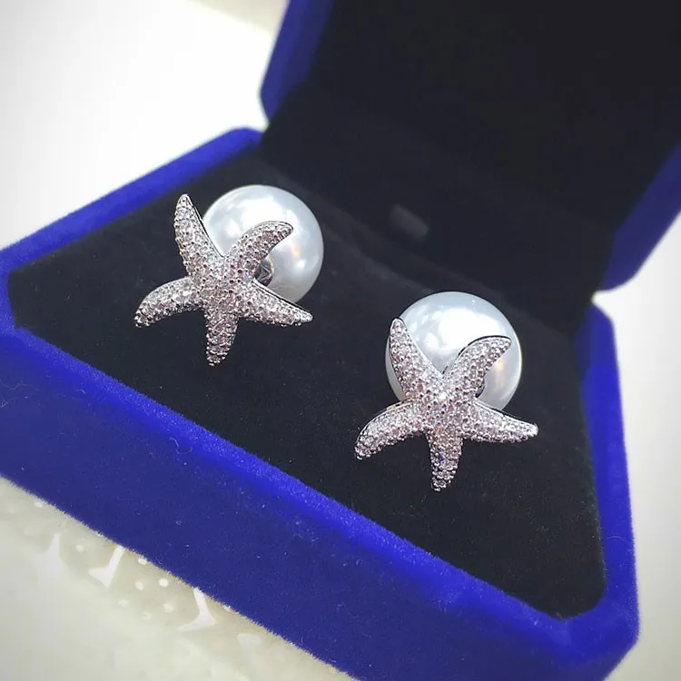 GODK Sea Star белый искусственный жемчуг микро проложить кубического циркония женские вечерние модные серебряные серьги-гвоздики для помолвки